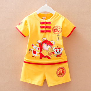 男童唐装套装夏装儿童短袖两件套女宝宝夏季衣服中国风周岁礼服