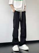 黑色休闲裤男秋季美式潮牌褶皱堆积垂感工装直筒裤夏季长裤子