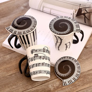 创意陶瓷马克水杯黑白键盘，音符音乐水杯，情侣杯子带手柄带盖