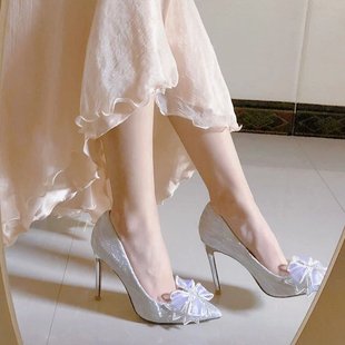 法式水晶鞋2023银色，婚鞋水钻蝴蝶结尖头高跟鞋女新娘细跟单鞋
