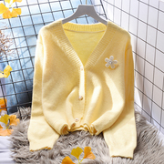 黄色小清新短款毛衣外套女宽松外穿2022春季韩版外搭针织开衫