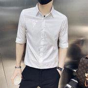 夏季男士短袖衬衫七分袖韩版潮流，寸衬修身休闲冰丝，五分中袖衬衣男