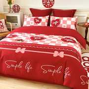 中式纯棉婚庆四件套大红色床单被套，新婚喜被全棉，结婚床上用品陪嫁