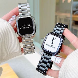 圣铂适用于iwatch87苹果s9手表表带6代保护壳ultra54金属，applewatch不锈钢折叠扣男女款三珠钢带软套45mm