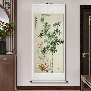 竹报平安卷轴挂画新中式玄关装饰画，竹子国画书房茶室壁画水墨画