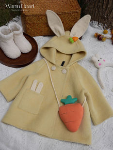 韩国童装2023秋冬儿童可爱小兔子呢大衣女宝宝加厚毛呢外套潮
