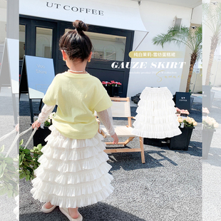 Amybaby女童半身裙2023夏季儿童洋气雪纺网纱白色蛋糕裙