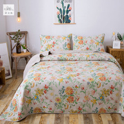 纤之色美式纯棉衍缝床盖三件套印花夹棉床单绗缝被床上用品铺盖