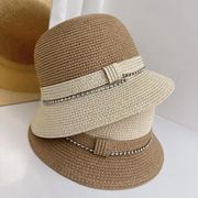 珍珠样式锁边小清新可爱优雅拼色夏季女士，草编草帽盆帽遮阳帽子