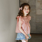夏季女童蕾丝花边短袖衬衫韩国版，儿童装短裤甜美上衣镂空飞袖t恤