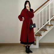 酒红色毛呢外套，女秋冬韩系大码胖斤宽松小个子加厚呢子大衣