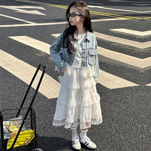 女童花边牛仔外套蕾丝裙套装2025春秋新款洋气小女孩半身裙两件套