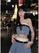 芭比姨牛仔半身裙，辣妹套装女炸街春季穿搭抹胸背心百褶裙短裙