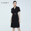 lancy朗姿2022年夏季法式西装连衣裙收腰短袖，黑色中长裙子女