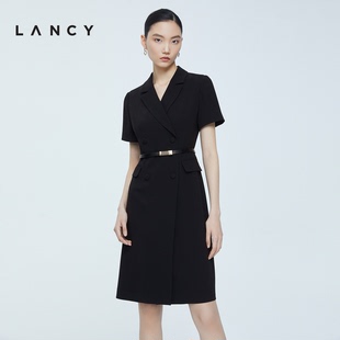 lancy朗姿2022年夏季法式西装，连衣裙收腰短袖黑色中长裙子女