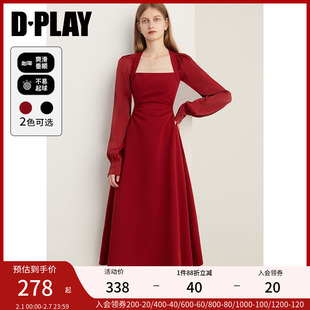 dplay法式复古红色连衣裙，订婚服红裙礼服，长裙敬酒服女春