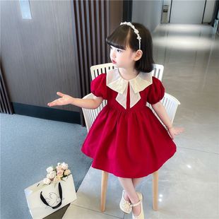 女童连衣裙夏装薄2023韩版儿童装洋气短袖红色娃娃领公主裙