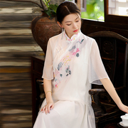 立领中式上衣女夏大码改良复古刺绣欧根纱斜襟，七分袖中国风女装