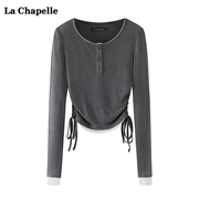 拉夏贝尔/La Chapelle时尚假两件长袖t恤女春季抽绳针织上衣