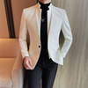 新中式国风白色西服男春秋，外套假两件拼接立领，设计中山装气质单西