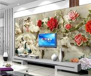 瓷砖背景墙现代简约客厅玉雕电视墙微晶石陶瓷壁画3d立体墙砖牡丹