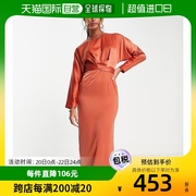 香港直邮潮奢asos女士，设计缎面蝙蝠袖裹式束腰铁锈色长款连衣裙
