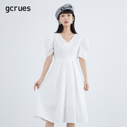 gcrues白色V领连衣裙女甜美2024夏季中长款短袖法式仙女裙子