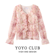YOYO CLUB法式碎花雪纺长袖衬衫春夏大码小个子短款气质V领上衣女