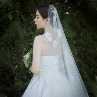 沫朵薇新娘结婚头纱白色蕾丝花朵旅拍韩式复古长拖尾花瓣婚纱配饰