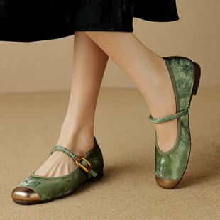 国风中式浅口玛丽珍鞋，春季一字带真皮平跟巨软单鞋圆头拼色女鞋