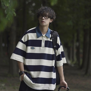 青少年polo衫男短袖夏季日系条纹翻领，t恤男孩纯棉衣服cityboy