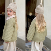 洋气橄榄绿毛领儿童格子插肩棉袄2023年冬装拉链女童短款棉衣外套
