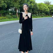 法式复古赫本风黑色长裙高级感气质金丝绒打底长袖连衣裙子女秋季