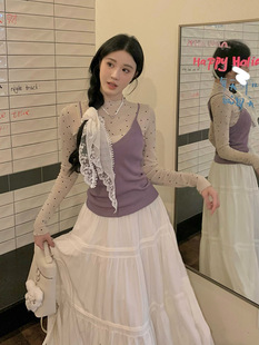 春季2024韩系甜美风波点打底衫，t恤叠穿紫色，针织吊带背心女两件套