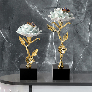 新中式轻奢高档纯铜花朵摆件客厅电视柜办公室装饰品创意乔迁礼物