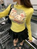 辣妹卡通猫咪印花黄色长袖t恤女夏季短款紧身显瘦多巴胺穿搭上衣