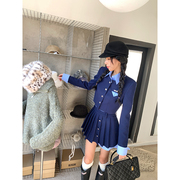 地球店蓝色学院风衬衫拼接假两件套装女秋冬高腰半身裙两件套