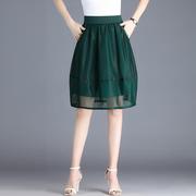 绿色欧根纱a字显瘦小个子半身裙2024夏季优雅花苞蓬蓬灯笼裙