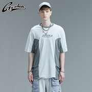GUUKA灰色短袖T恤男潮牌 夏季学生嘻哈不规则拼接反光五分袖宽松