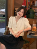 韩国chic夏季法式温柔风，v领单排扣蕾丝，钩花百搭短款泡泡袖外套女