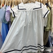 不退换童装女童白色海军风娃娃领短袖连衣裙大童韩版连衣裙