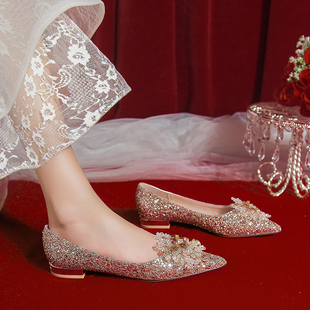结婚鞋子女孕妇平底新娘鞋，香槟色水晶公主婚纱两穿不累脚高级感