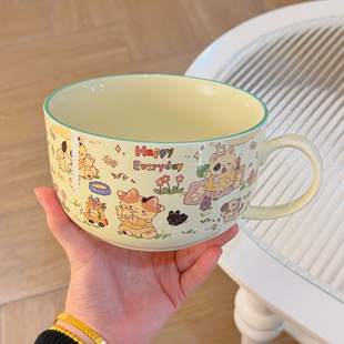 可爱猫咪少女心卡通奶油黄带盖陶瓷泡面碗带把手耐高温学生宿舍碗