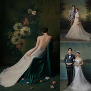 深蓝手工绘画法系贵族高定肖像婚纱摄影主题拍照复古油画背景布