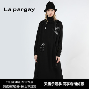 lapargay纳帕佳女秋季黑白色长袖，修身中长款针织连衣裙潮