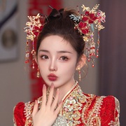 中式新娘红色头饰复古绒花，流苏古典发簪，发饰秀禾服旗袍晨袍配饰品