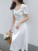 夏季法式宫廷风，方领连衣裙女夏中长款收腰仙女，白色裙子温柔