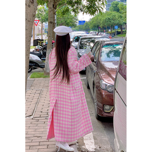 林初美粉色格子西装外套，女秋季2023韩版宽松薄款长款过膝大衣