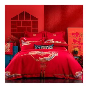 多喜爱结婚床上用品六件套60s新绒棉红色中式婚庆，套件1.8m床被套