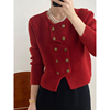 小香风短款红色毛衣女秋冬2023高级感法式双排扣针织开衫外套